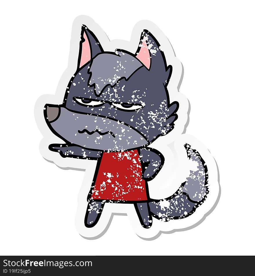 distressed sticker of a cartoon annoyed wolf