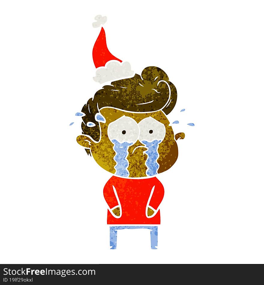 retro cartoon of a crying man wearing santa hat