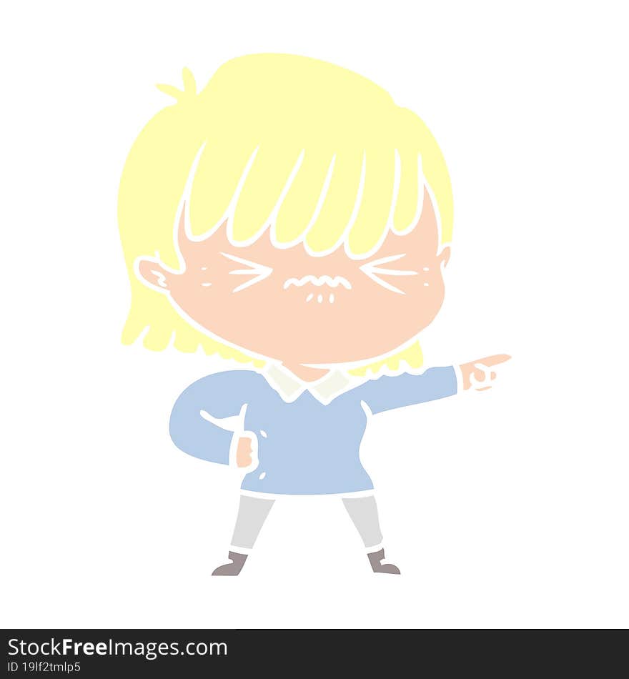 annoyed flat color style cartoon girl pointing