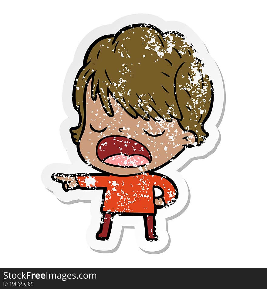 distressed sticker of a cartoon woman talking