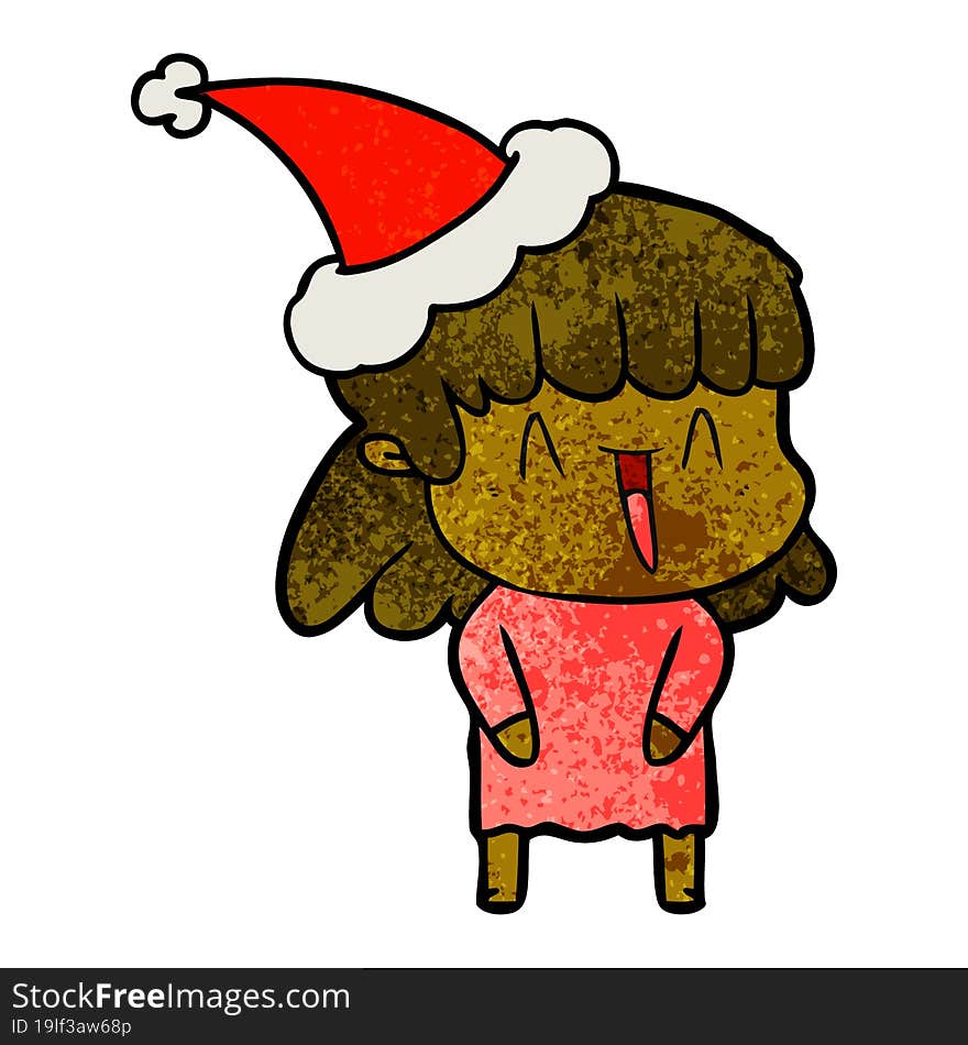 hand drawn textured cartoon of a woman wearing santa hat