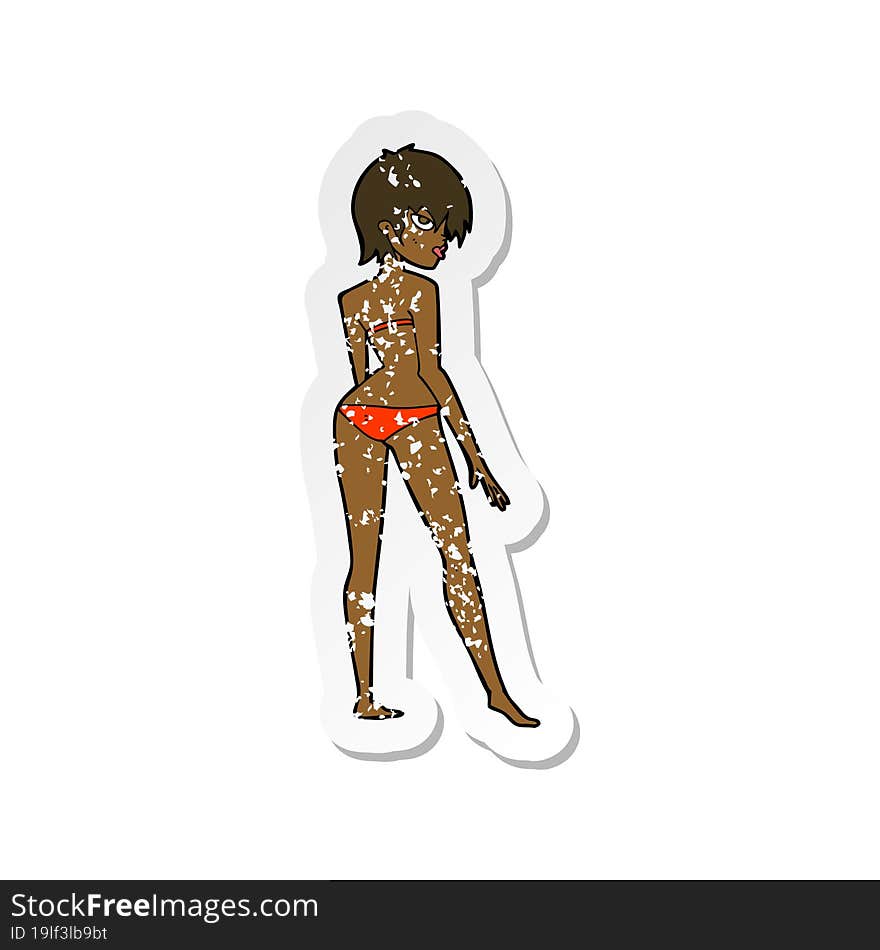 retro distressed sticker of a cartoon woman in bikini