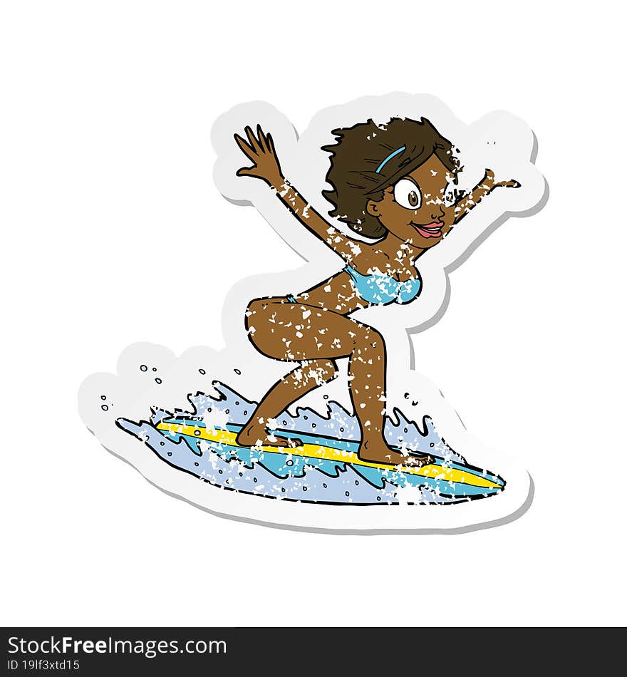 retro distressed sticker of a cartoon surfer girl