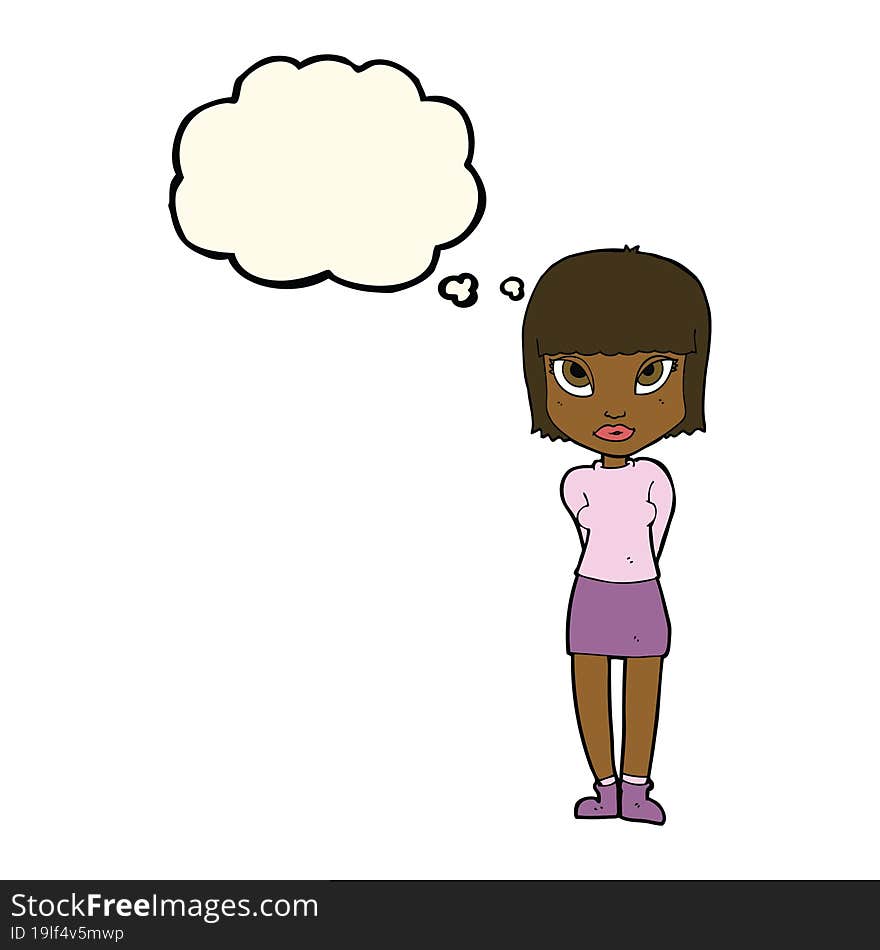 cartoon woman standing with thought bubble