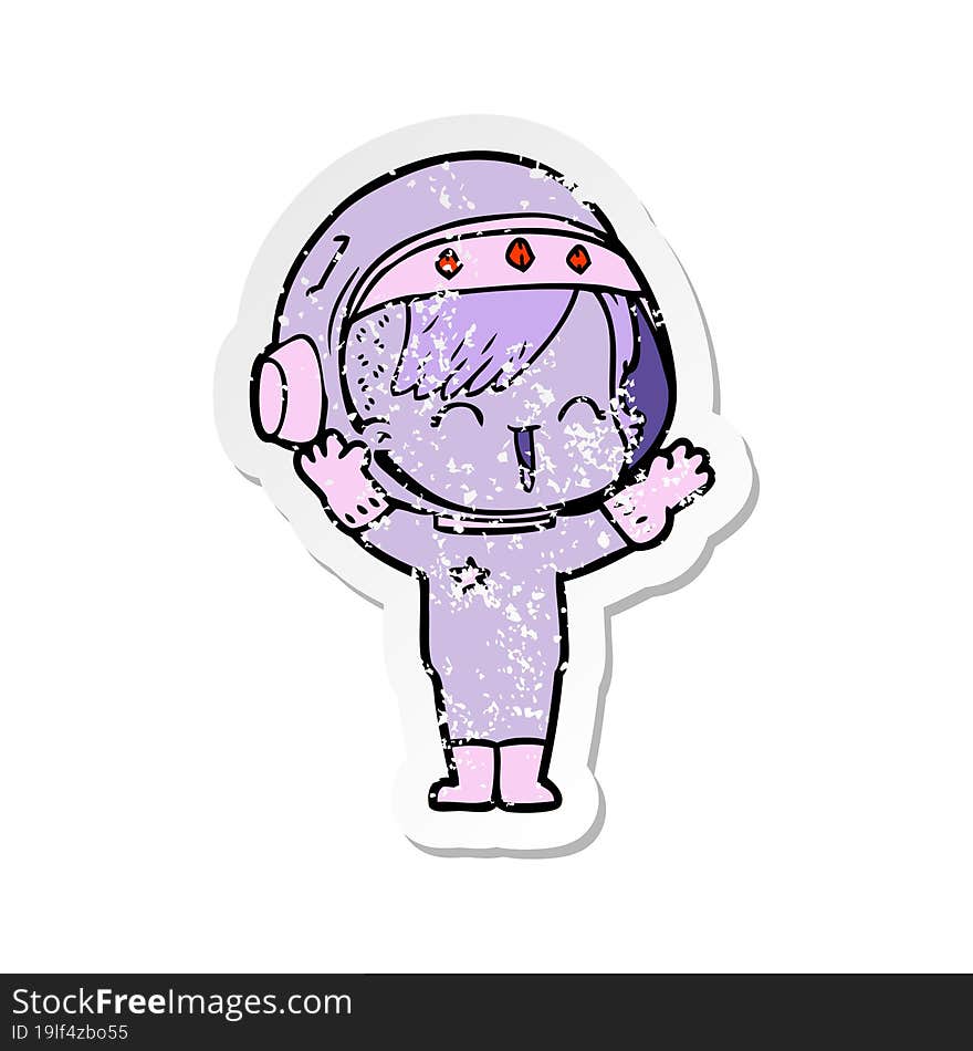 distressed sticker of a cartoon laughing astronaut girl