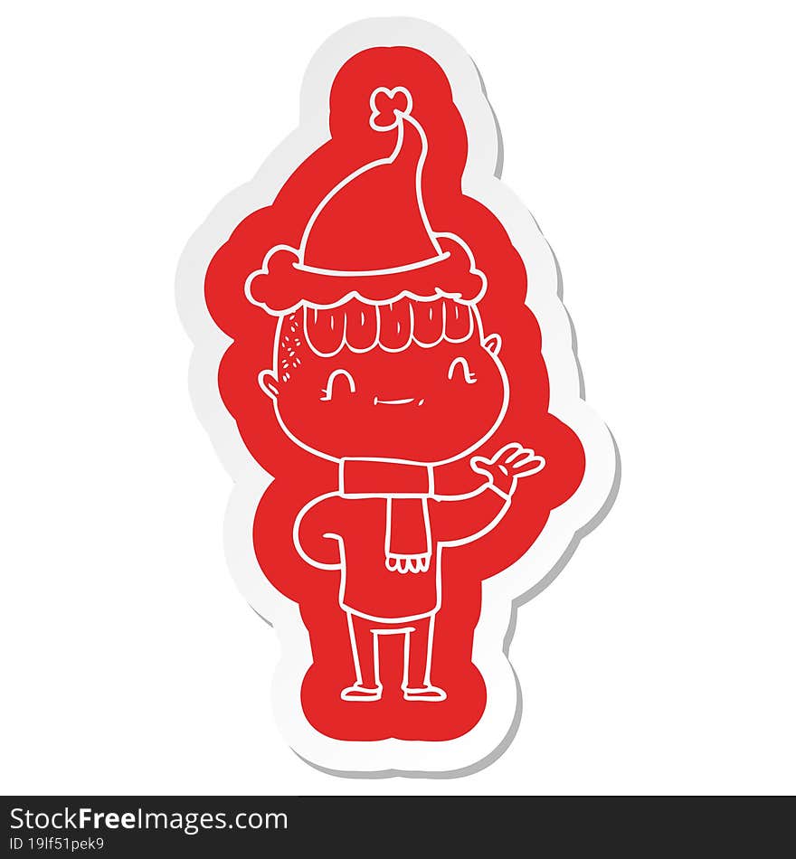 cartoon  sticker of a friendly boy wearing santa hat