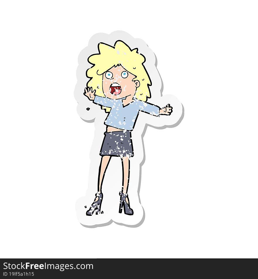 retro distressed sticker of a cartoon woman having trouble walking in heels