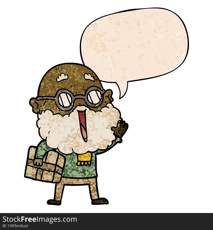 cartoon joyful man and beard and parcel under arm and speech bubble in retro texture style