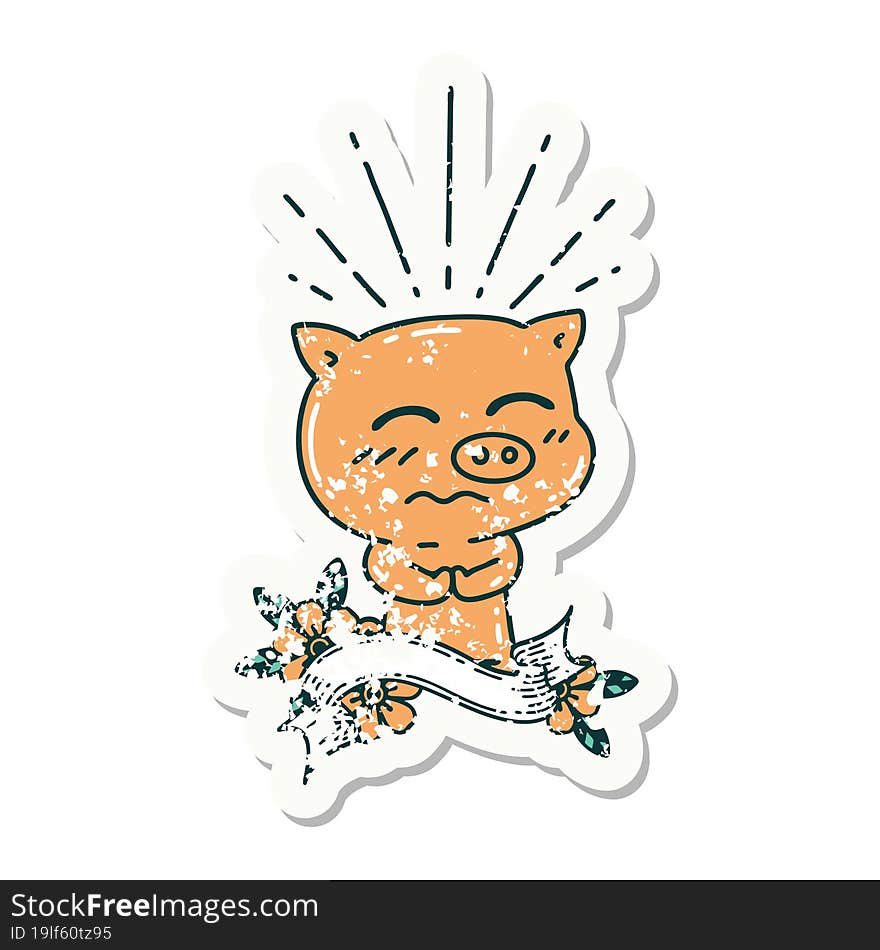 grunge sticker of tattoo style nervous pig character