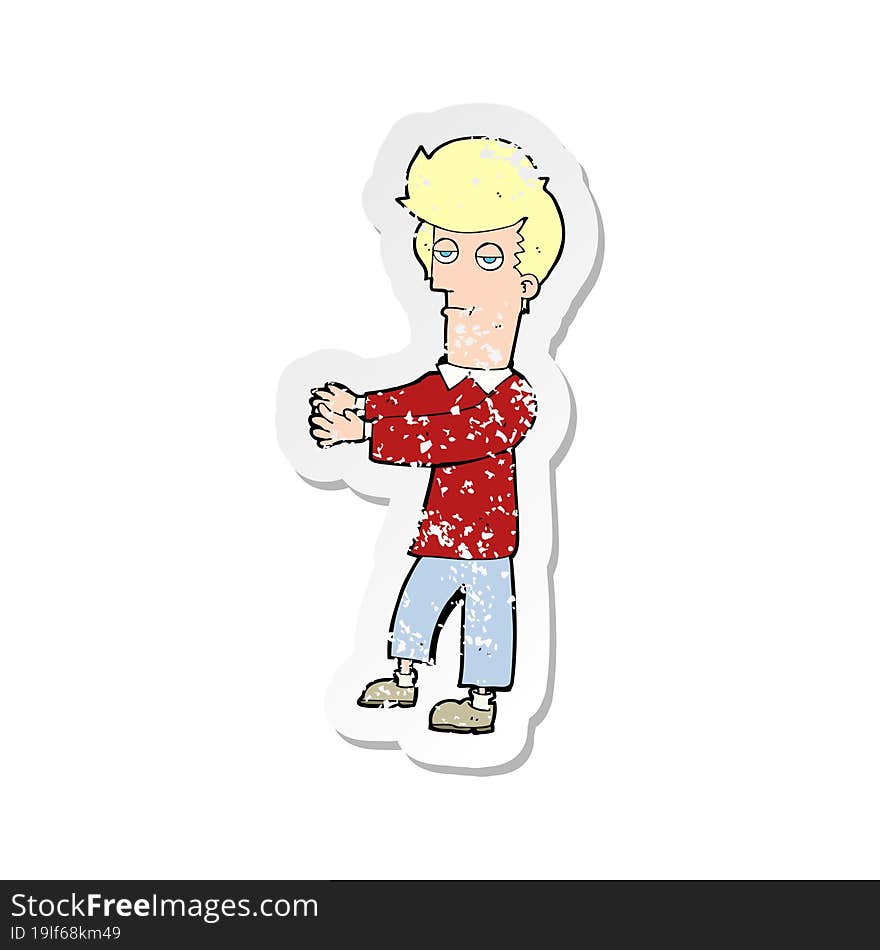 retro distressed sticker of a cartoon bored man showing the way