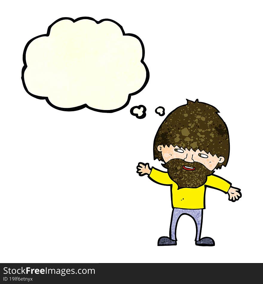 cartoon happy bearded man waving with thought bubble