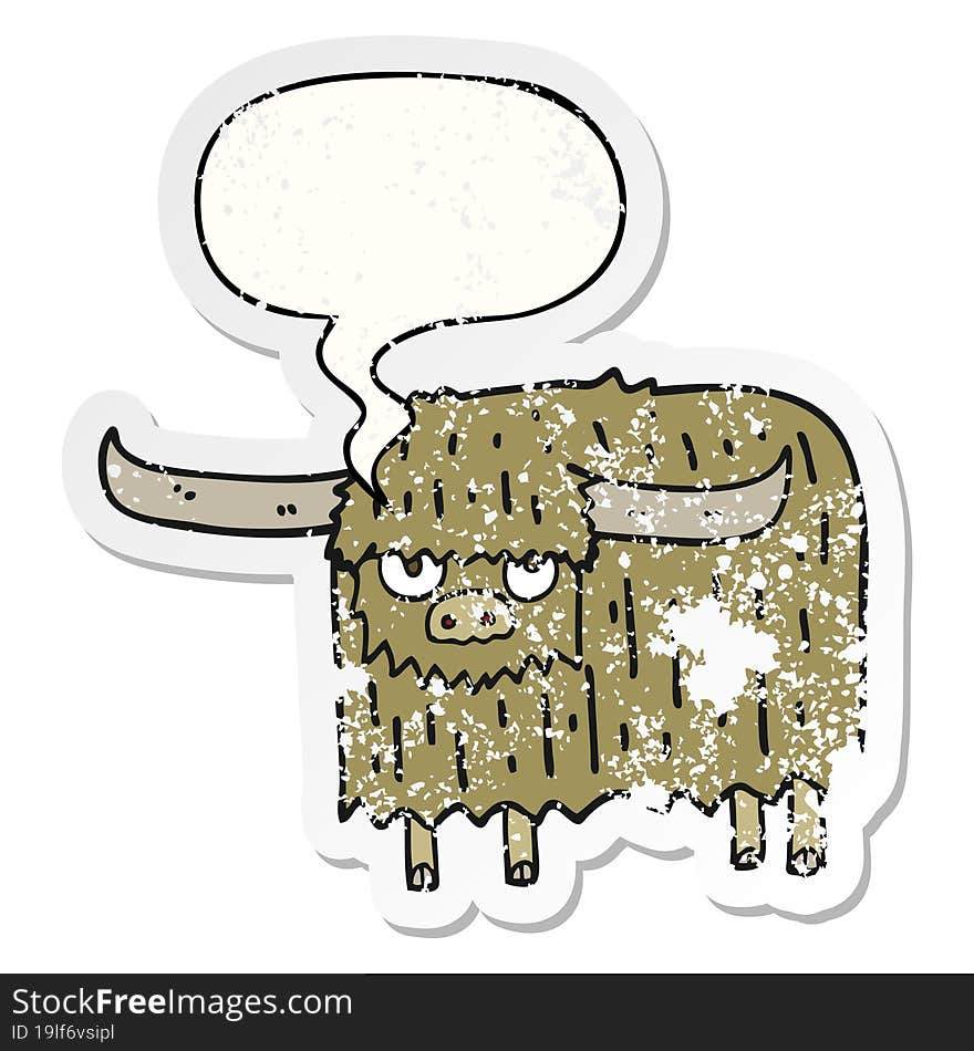 cartoon hairy cow and speech bubble distressed sticker