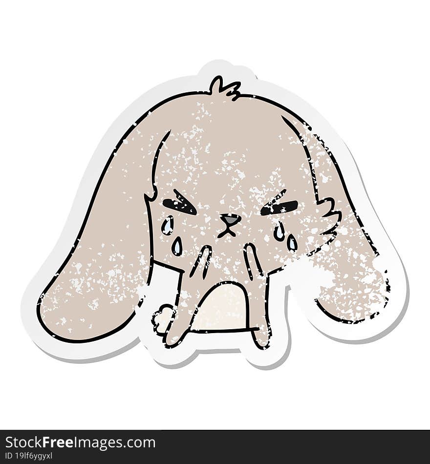 freehand drawn distressed sticker cartoon of cute kawaii sad bunny