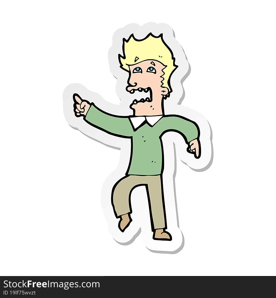 sticker of a cartoon frightened man pointing