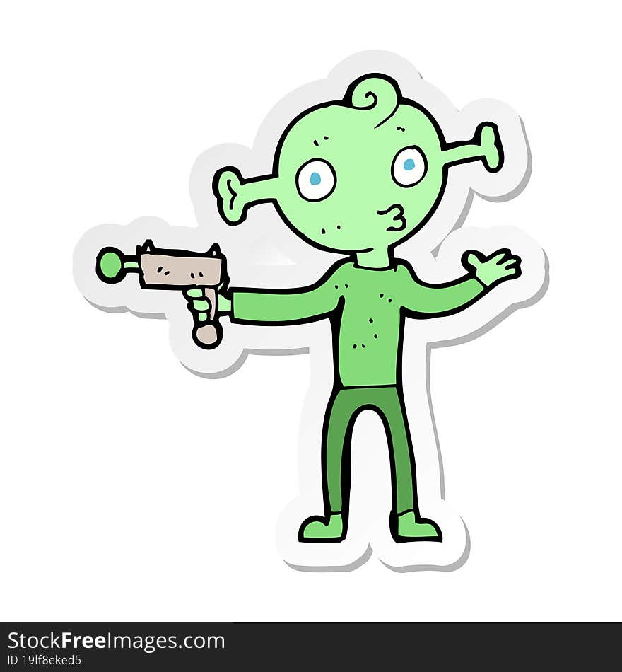 sticker of a cartoon alien with ray gun