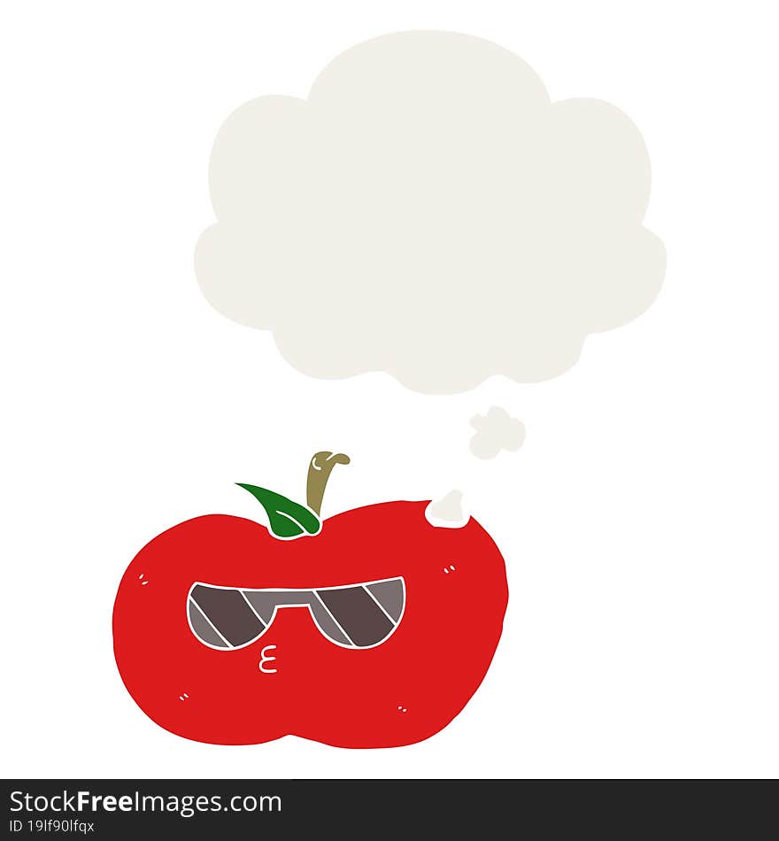 cartoon cool apple with thought bubble in retro style