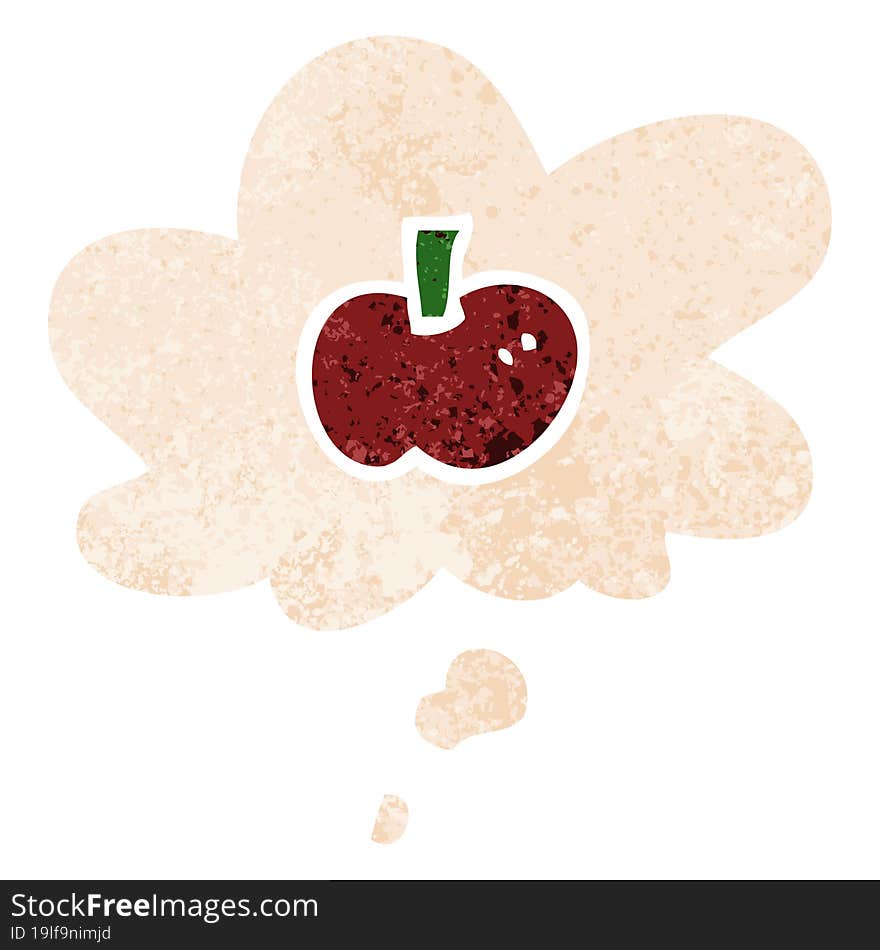 cartoon apple symbol and thought bubble in retro textured style