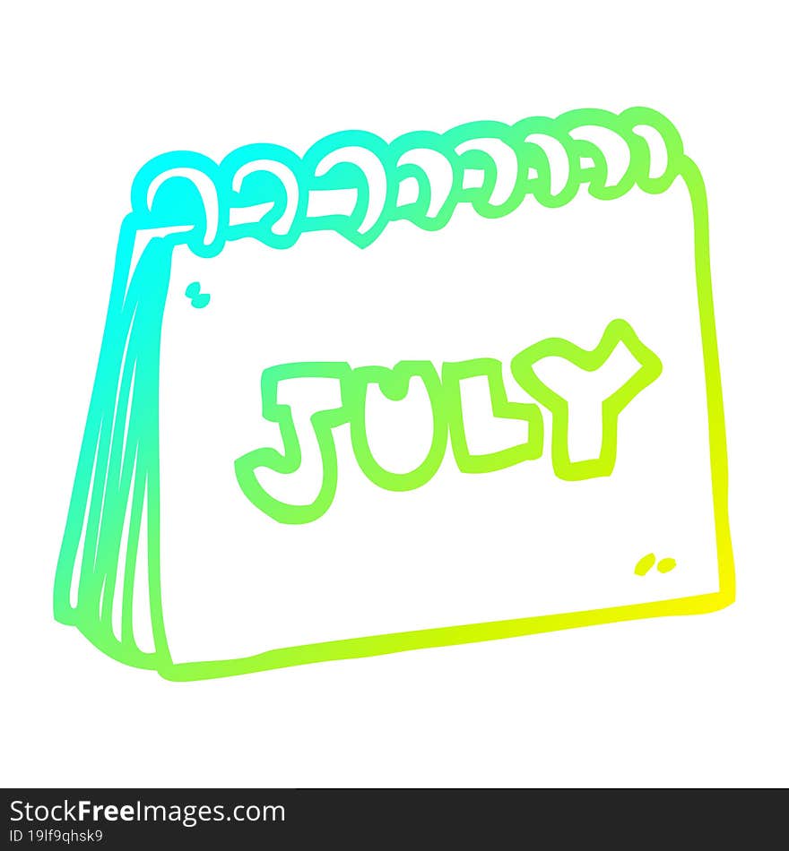 cold gradient line drawing cartoon calendar showing month of july