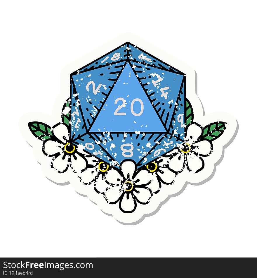 Natural 20 D20 Dice Roll With Floral Elements Grunge Sticker