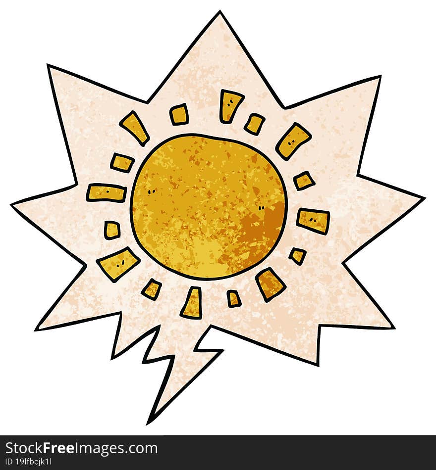 cartoon sun and speech bubble in retro texture style