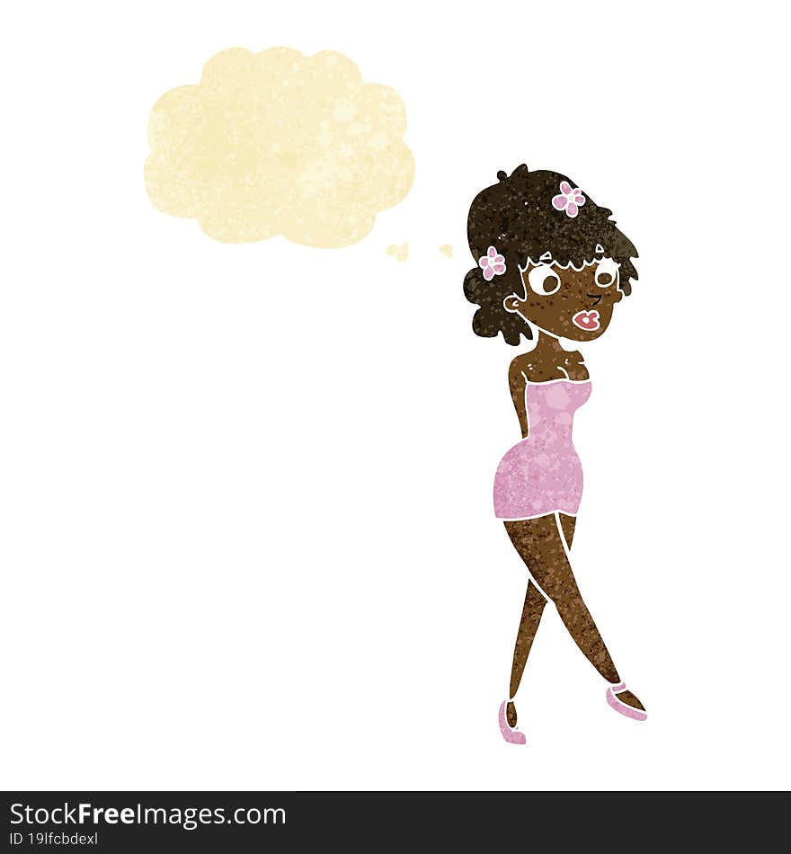 Cartoon Woman Posing In Dress With Thought Bubble