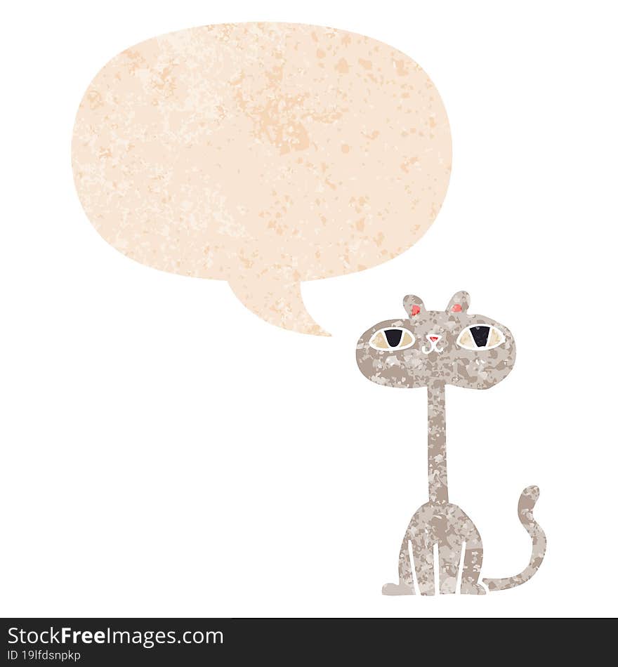 cartoon cat and speech bubble in retro textured style