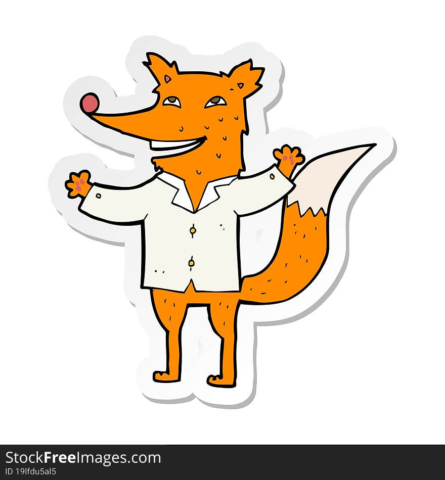 sticker of a cartoon happy fox wearing shirt