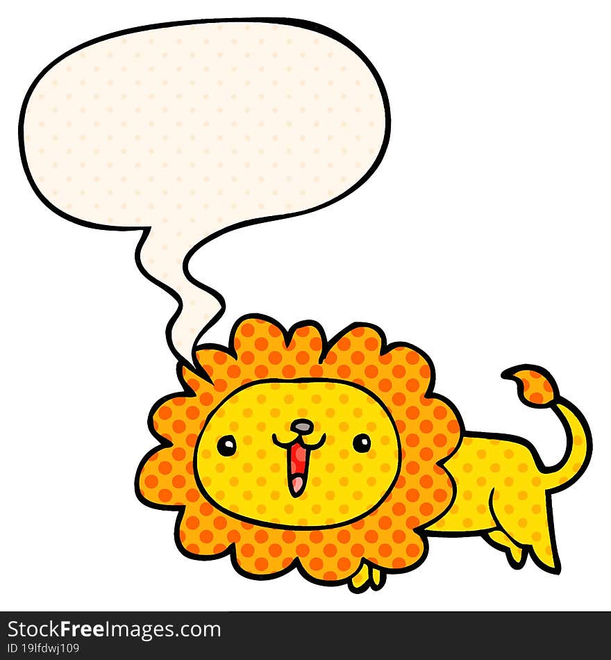 cute cartoon lion and speech bubble in comic book style