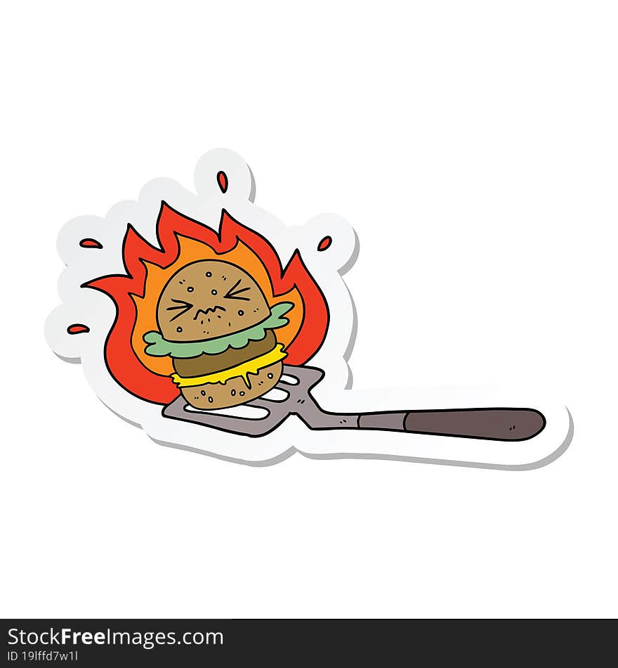 Sticker Of A Cartoon Burger On Spatula