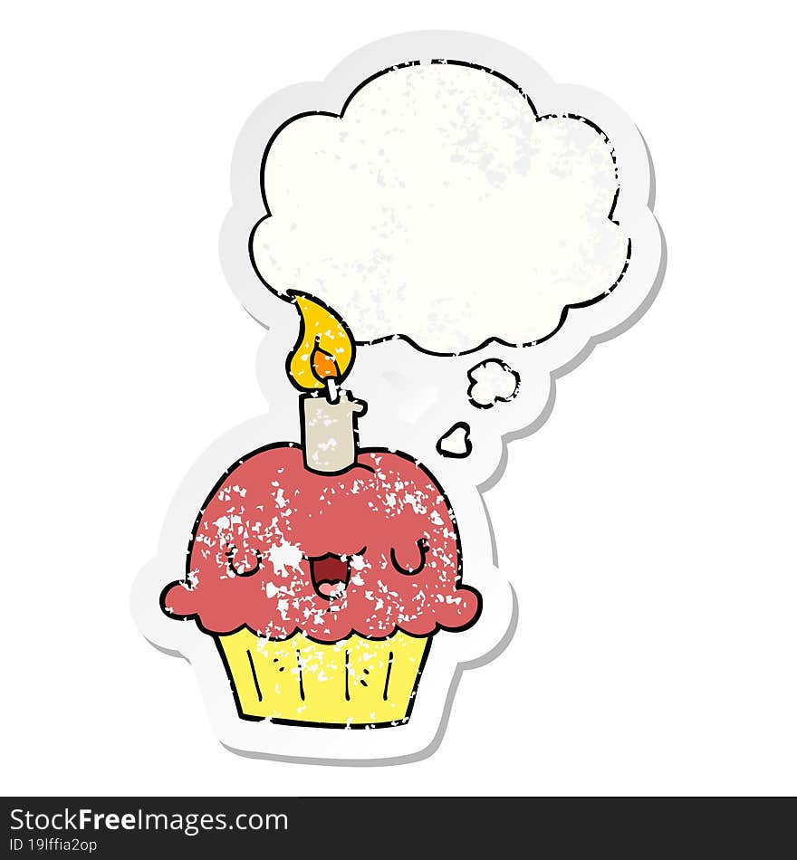 Cartoon Cupcake And Thought Bubble As A Distressed Worn Sticker