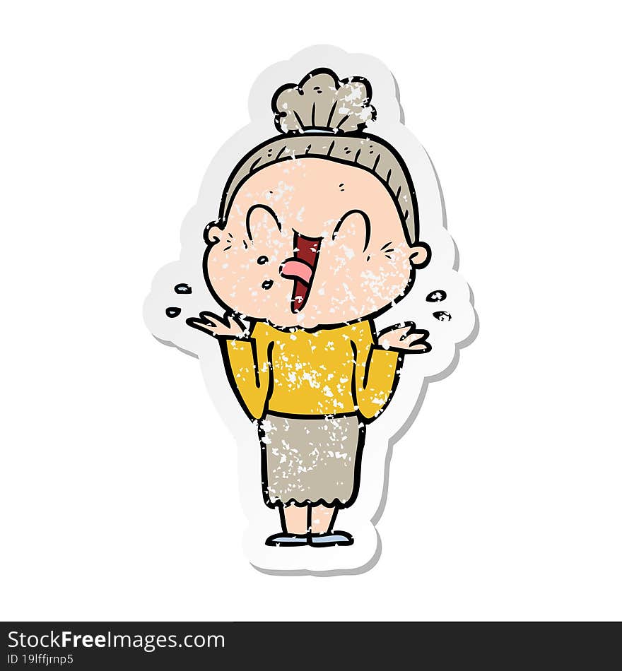 distressed sticker of a cartoon happy old woman