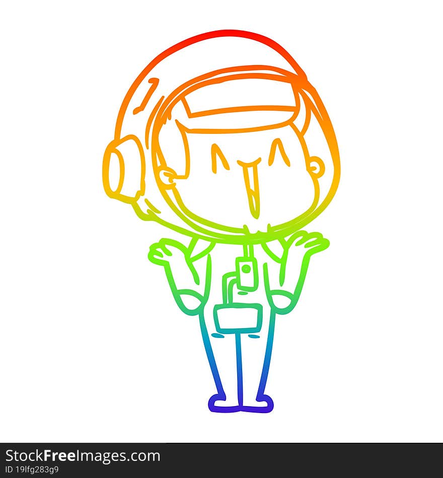 rainbow gradient line drawing happy cartoon astronaut shrugging shoulders