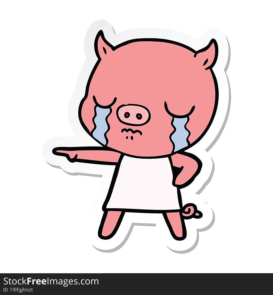 sticker of a cartoon pig crying pointing