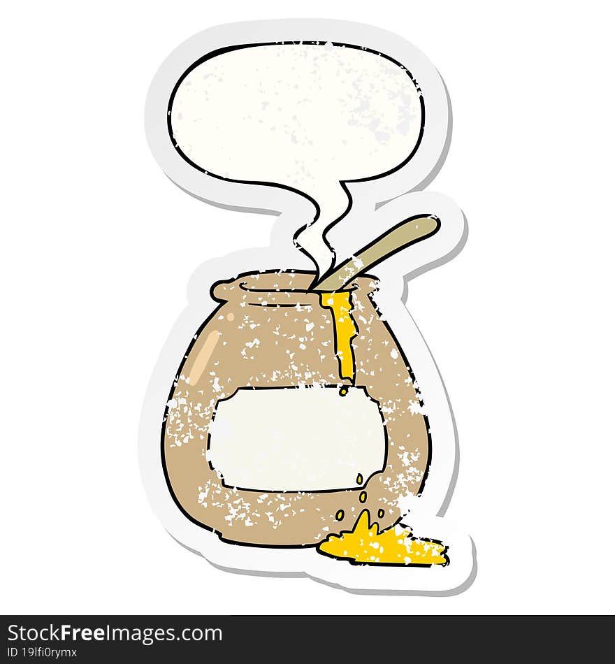 cartoon honey pot and speech bubble distressed sticker