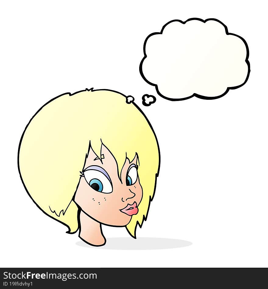 cartoon pretty female face pouting with thought bubble