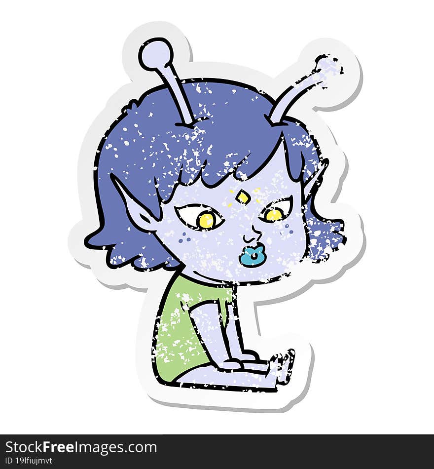 Distressed Sticker Of A Pretty Cartoon Alien Girl