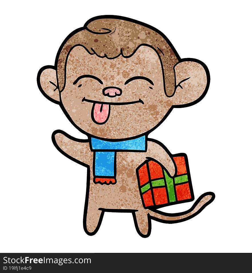 funny cartoon monkey with christmas present. funny cartoon monkey with christmas present