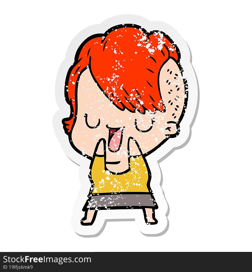 Distressed Sticker Of A Cute Cartoon Girl With Hipster Haircut