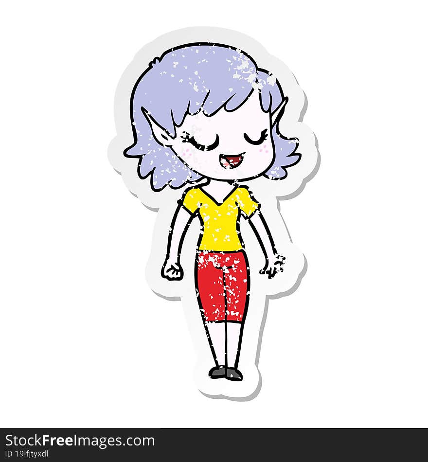 distressed sticker of a happy cartoon elf girl