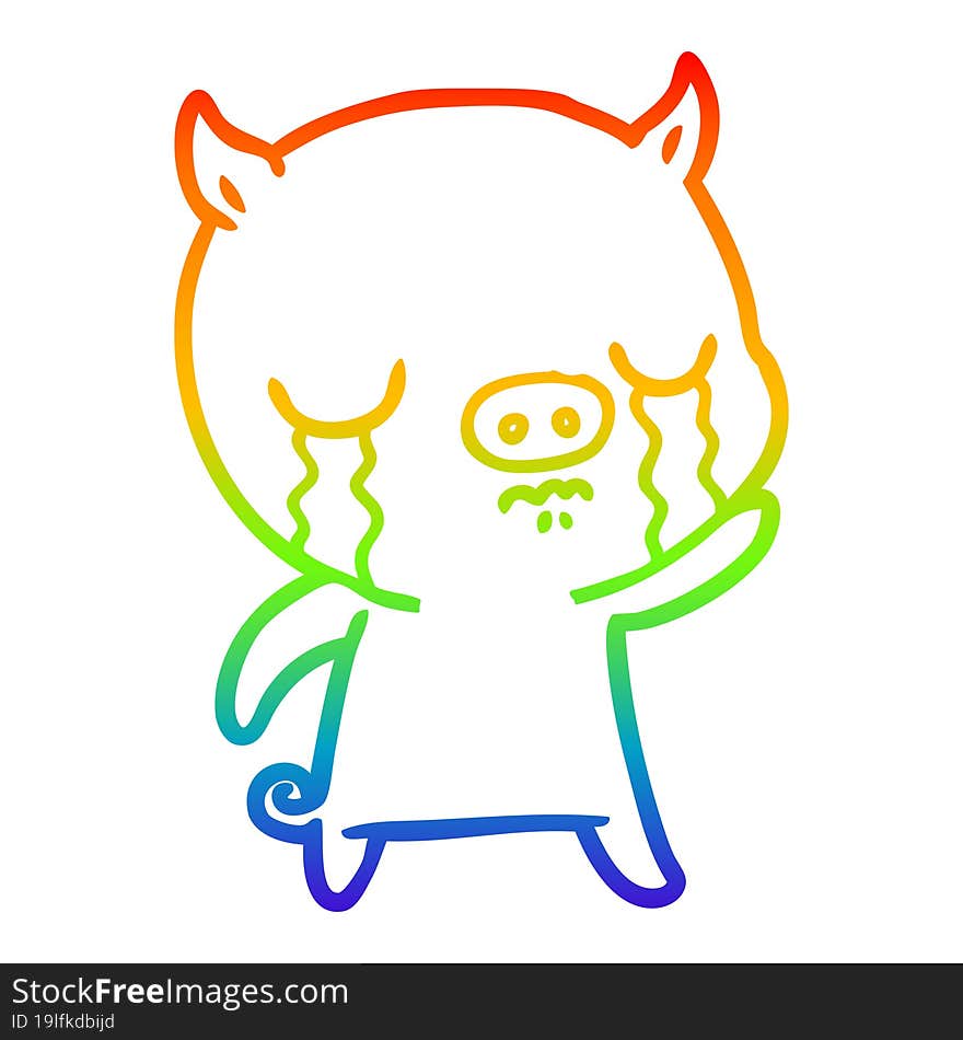 rainbow gradient line drawing cartoon pig crying waving goodbye