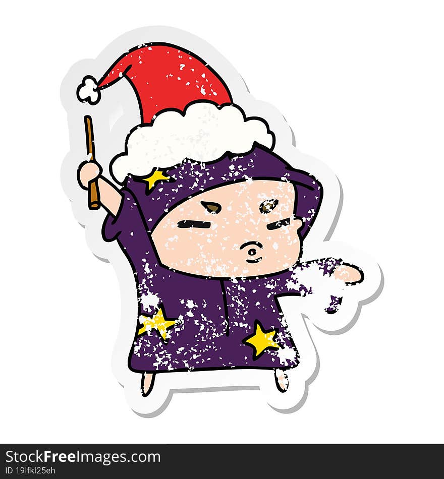 hand drawn christmas distressed sticker cartoon of kawaii wizard