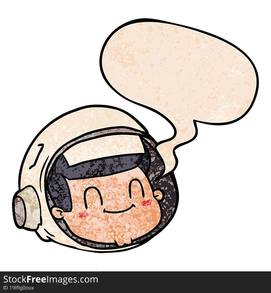 cartoon astronaut face and speech bubble in retro texture style