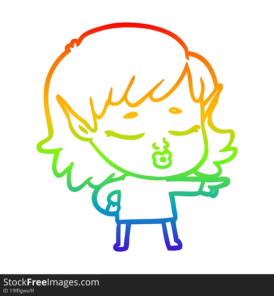 rainbow gradient line drawing pretty cartoon elf girl pointing