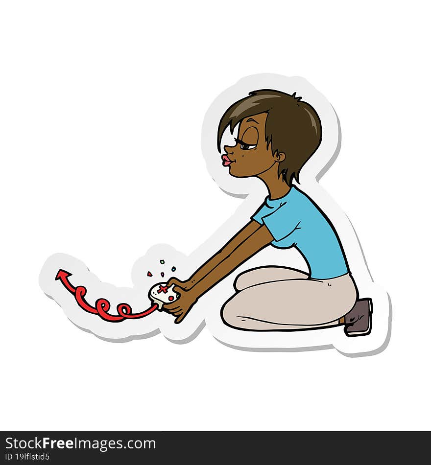 Sticker Of A Cartoon Girl Playing Computer Games