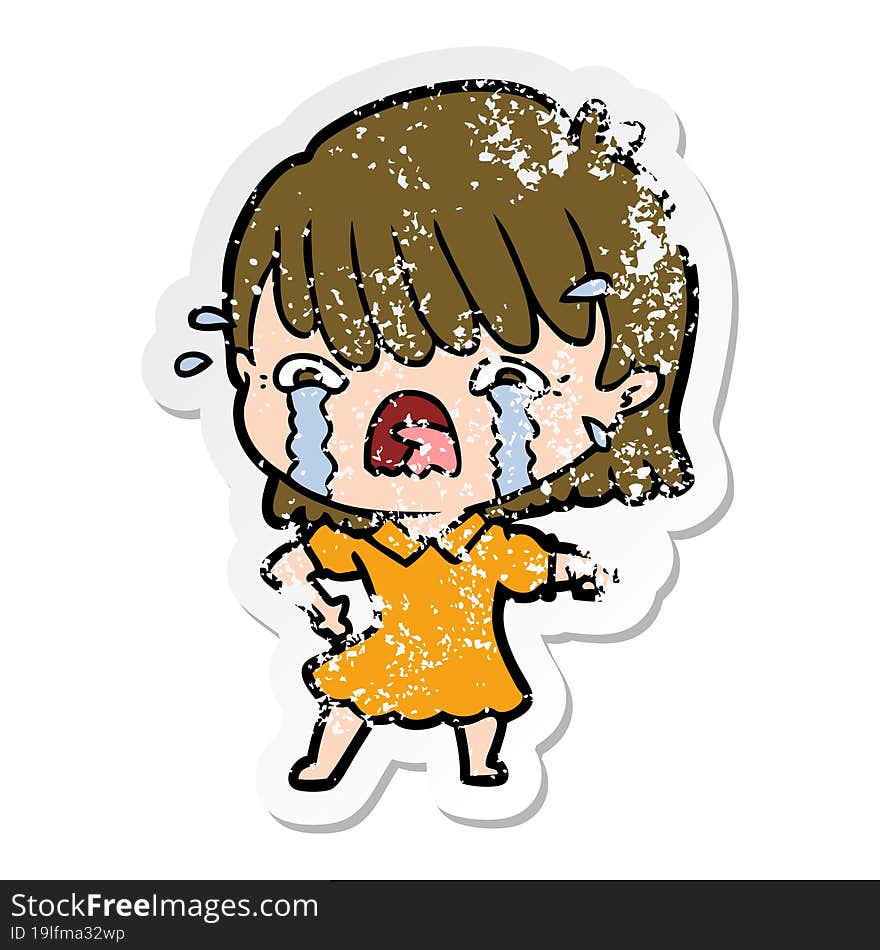 distressed sticker of a cartoon girl crying