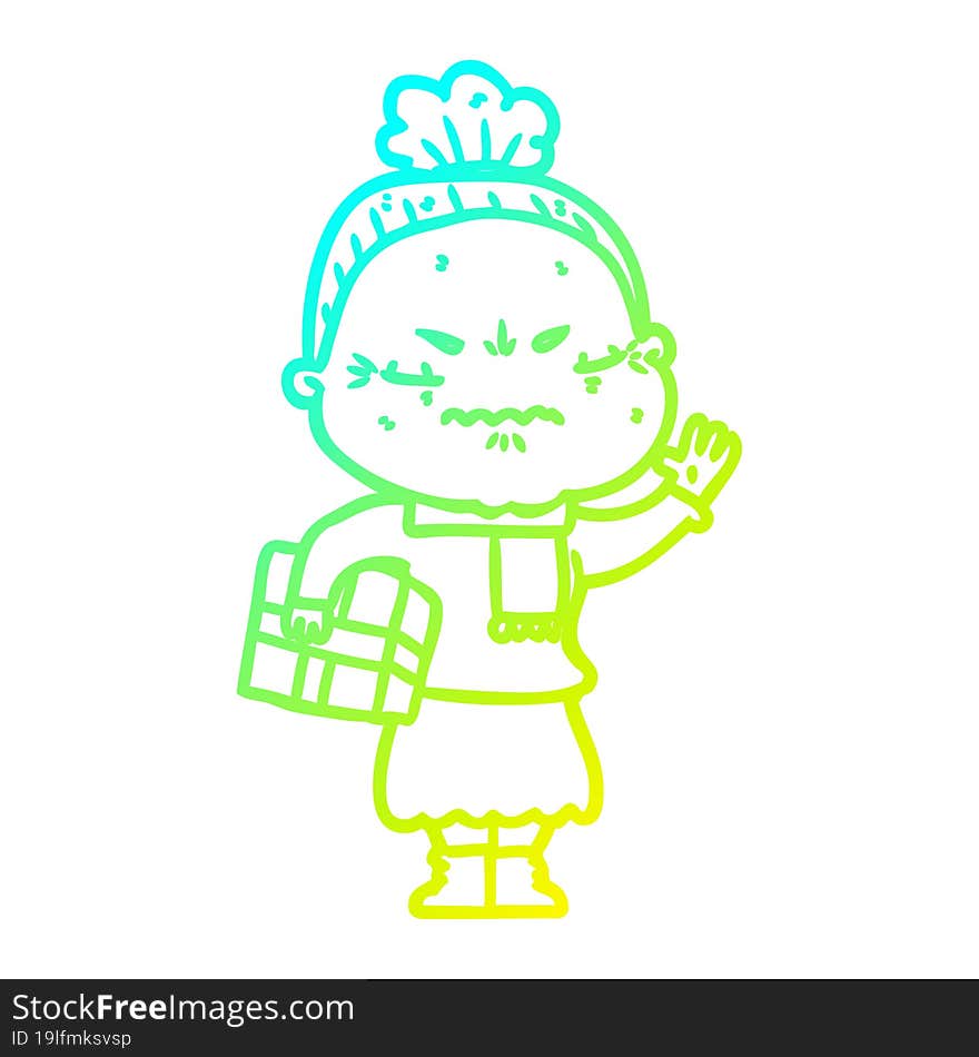 cold gradient line drawing cartoon annoyed old lady