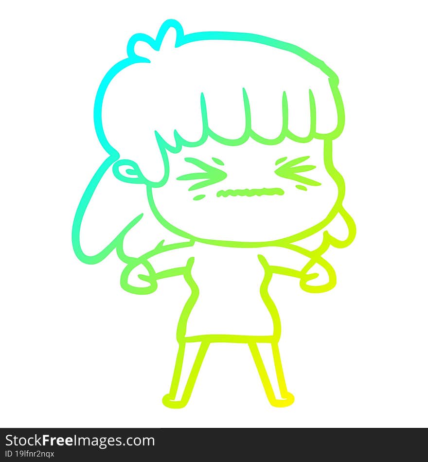 cold gradient line drawing of a cartoon angry girl