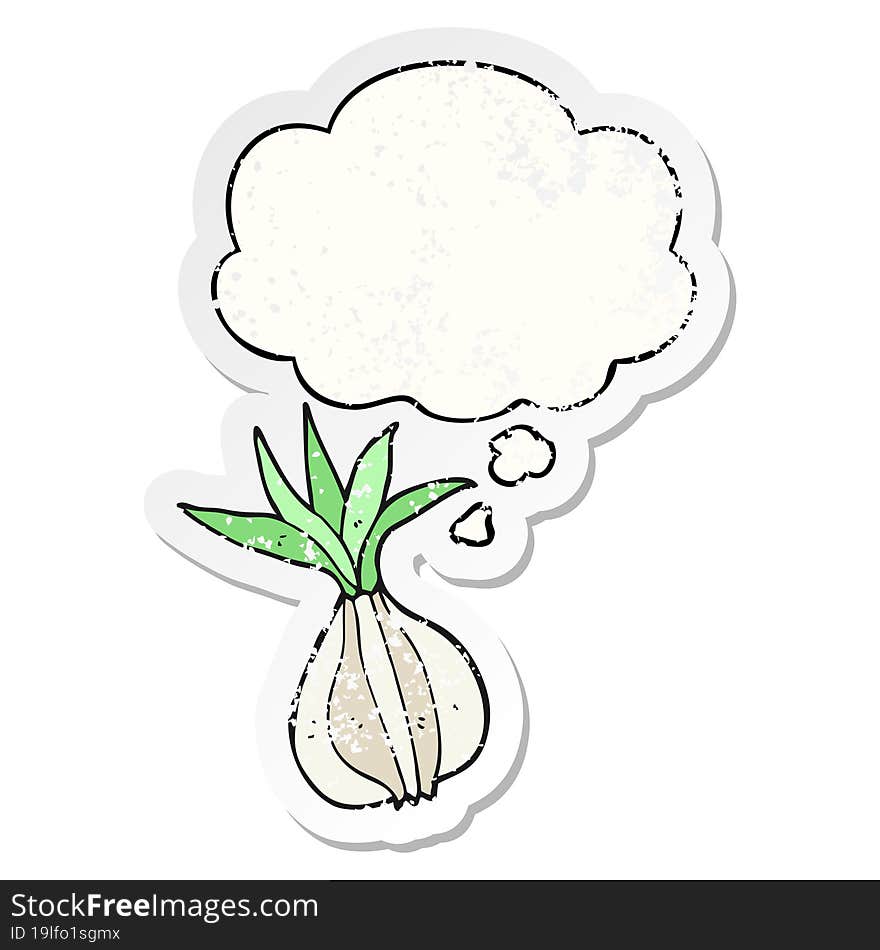 cartoon onion with thought bubble as a distressed worn sticker