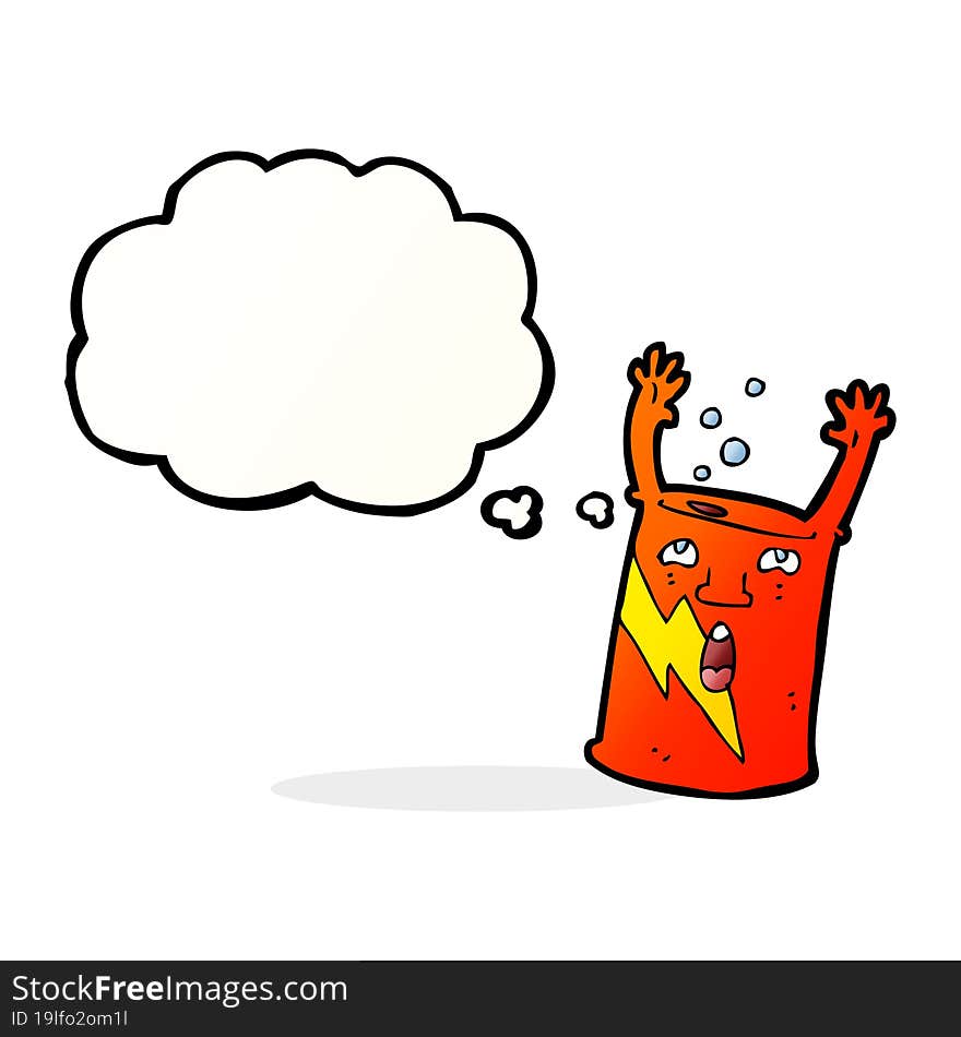 cartoon soda can character with thought bubble