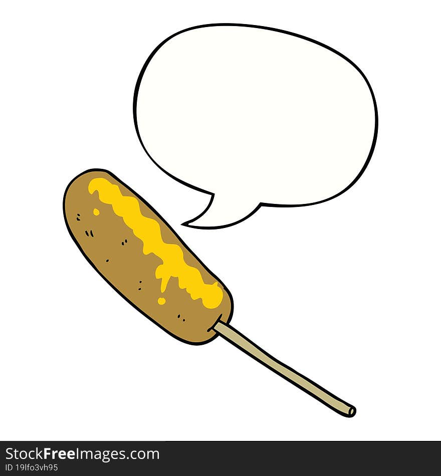 cartoon hotdog on a stick and speech bubble